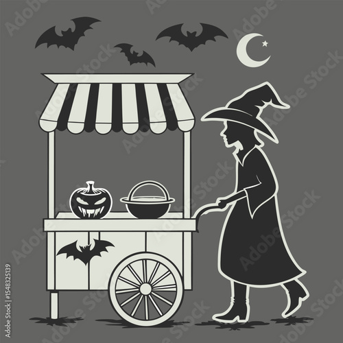 Witch Selling Potions at Night, Spooky Atmosphere, Festive Event