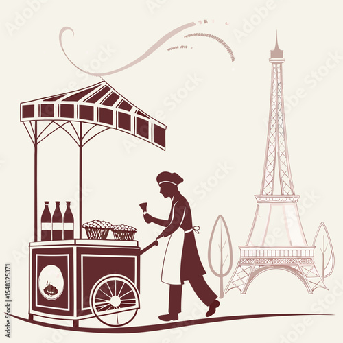 Street Vendor Selling Crepes Near Eiffel Tower in Paris, Food Photography, Urban Scene, Culinary Art