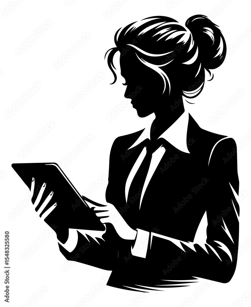 A black and white silhouette of a female office worker in a jacket who uses a tablet to work on a white isolated background. Vector graphics. EPS. A black and white silhouette of a female office worker in a jacket who uses a tablet to work on a white isolated background. Vector graphics. EPS.