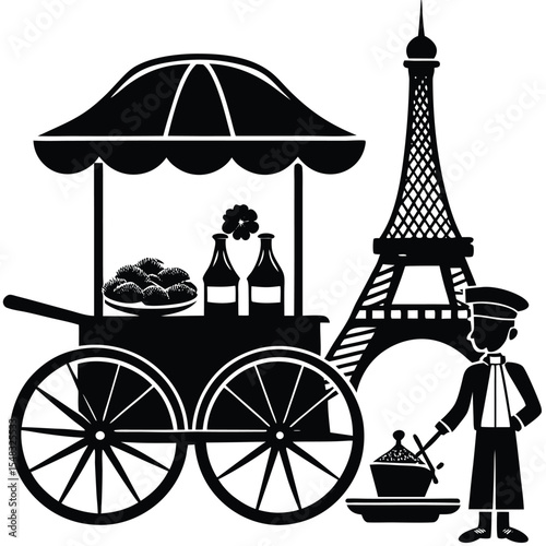 Food Cart Vendor Serving Pastries Near Eiffel Tower in Paris, France - Vintage Illustration Scene
