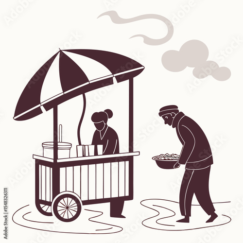 Street Food Vendor Illustration A Simple Silhouette Design of a Food Cart and Customer