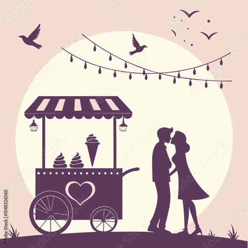 Romantic Couple Kissing by Ice Cream Cart Sweet Summer Love Silhouette