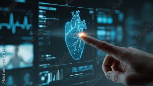 Finger Touching Digital Human Heart On Futuristic Medical Interface