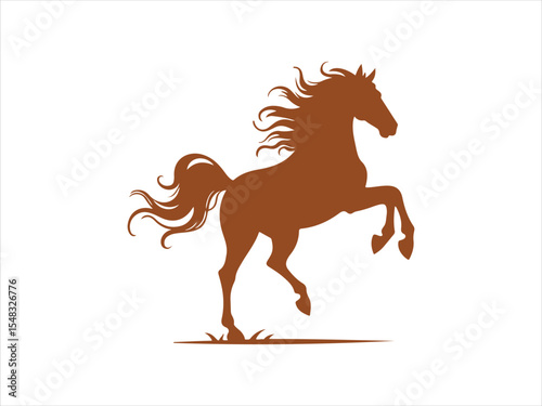 Brown horse silhouette rearing upward with flowing mane and tail design on white background