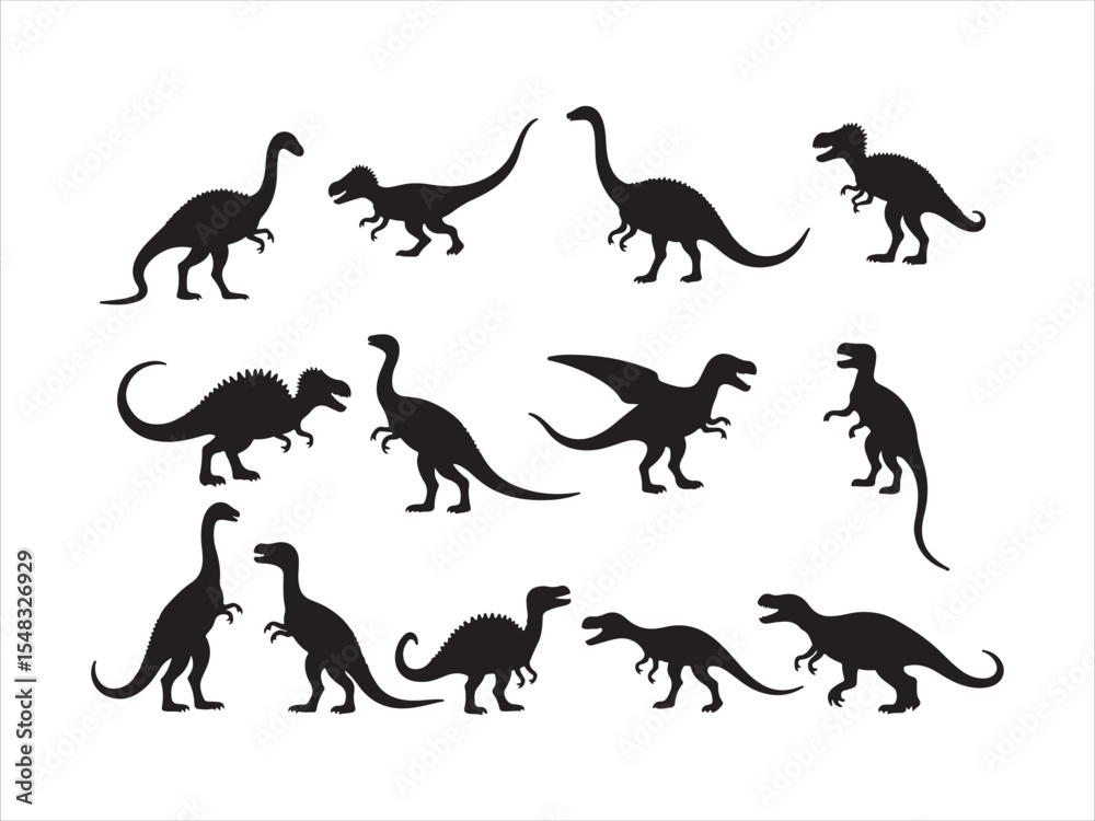 Naklejka premium Collection of various dinosaur silhouettes in black isolated on a white background for design