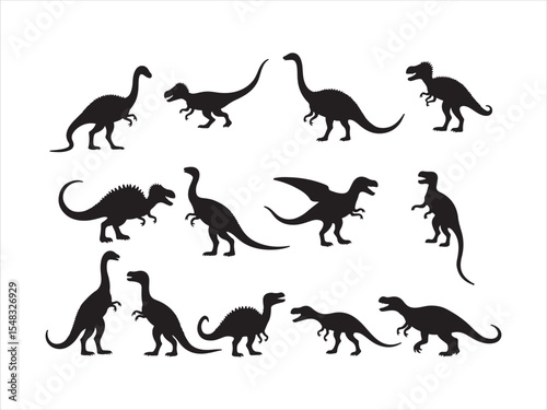 Collection of various dinosaur silhouettes in black isolated on a white background for design