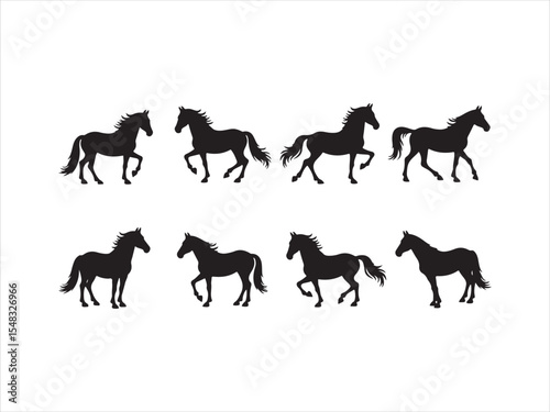 Elegant black horse silhouettes depicting various walking and running poses on white background