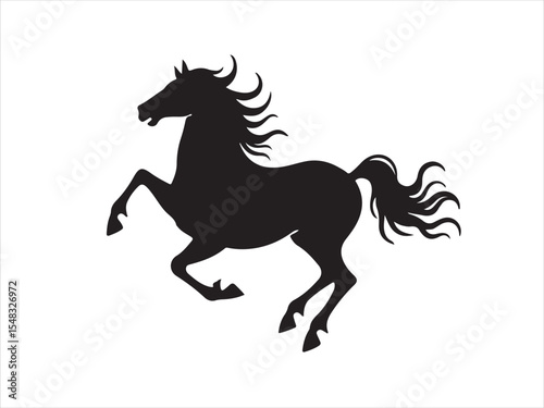 Elegant black horse silhouette jumping against white background in a dynamic pose