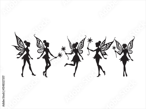 Silhouette illustration of five elegant fairies with butterfly wings and magic wands