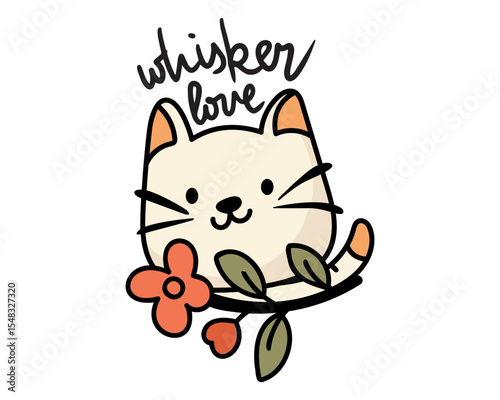 Cute and smile cat, doodle pet friend. Funny adorable cat or fluffy kitten cartoon character design with flat color. Domestic animals sitting. Pet companion friendship. Illustration for sticker, print