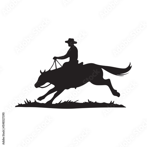 Silhouette of a cowboy riding a horse in a rushing motion across the landscape
