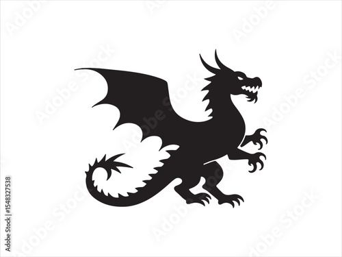 Silhouetted black dragon illustration on white background for fantasy and mythological design