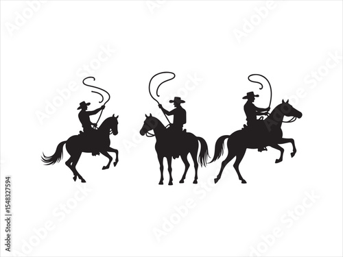 Silhouetted cowboys riding horses and swinging lassoes in a western rodeo style