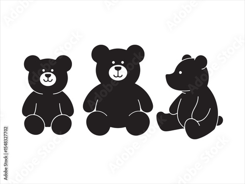 Simple black and white teddy bear silhouettes in various poses on a white background