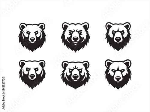 Six black and white grizzly bear head logos perfect for sport teams or branding