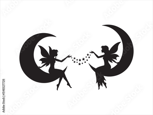 Two silhouette fairies adorning the moon with stars decorative vector illustration