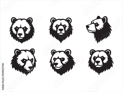 Vector illustration of six grizzly bear head logos in black and white with varied expressions