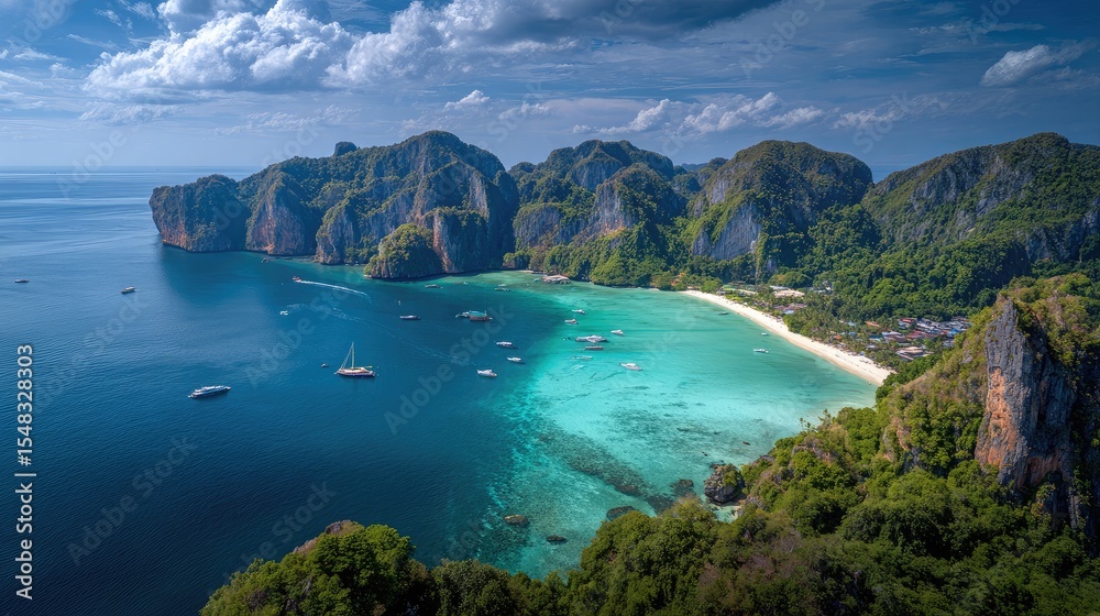Fototapeta premium Secluded bay in Thailand with anchored boats and towering green cliffs framing the coast
