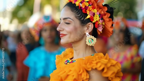 Woman in vibrant orange traditional costume with floral headdress smiling at cultural festival. Colorful celebration of heritage and folklore. Latin American dance performance.