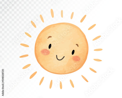 Watercolor Smiling Sun for Bright Weather Themes in Cheerful Colors for Nursery Decor and Kids Art. Vector illustration
