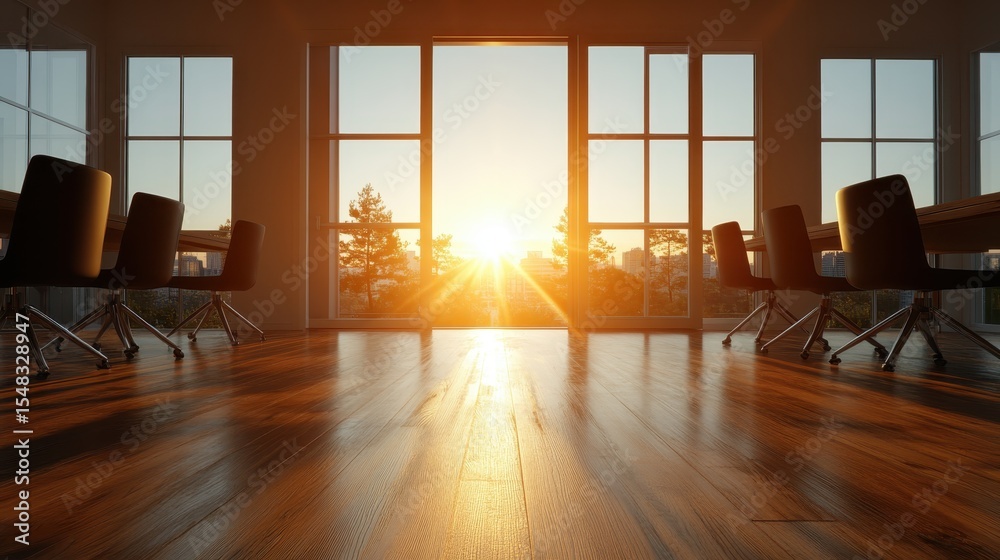 Fototapeta premium A stunning sunrise viewed through large office windows, illuminating the space with warm light and providing a sense of new beginnings and inspiration for the day.
