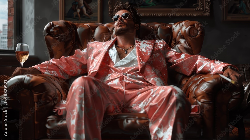 Obraz premium A sophisticated man in a bright, ornate suit lounging comfortably on a plush armchair, sipping champagne, radiating charisma, style, and relaxation in an elegant setting.