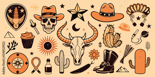 Vector art of set of western themed vector illustrations