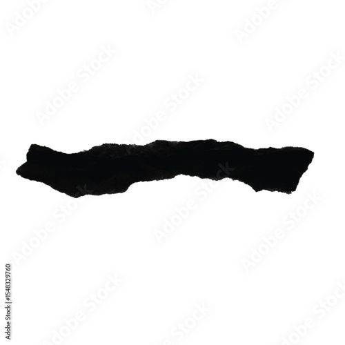 A compact and rough abstract mark in solid black. This textured shape, resembling a charcoal smudge or a piece of torn tape, is a great asset for adding a touch of grunge and authenticity.

