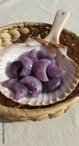 Purple Lepidolite Moon Crystals in Seashell Dish