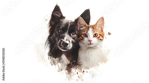 Happy Dog and Cat Portrait Watercolor Style isolated on a transparent background