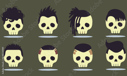 Stylized Skull Head Avatars, curly hair and mohawks to dreadlocks and various short and slicked-back cuts. These whimsical yet edgy characters offer unique representations for avatars 
