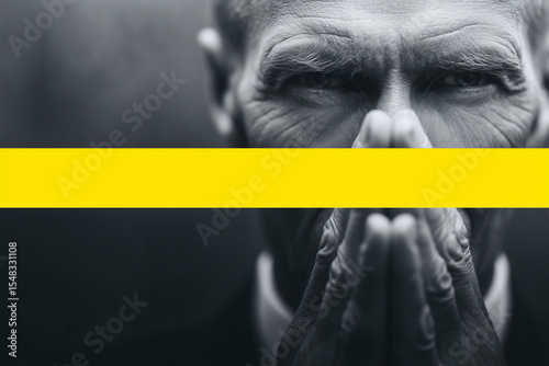 Contemplative portrait of a mature man with a yellow line across his face. The man is looking down and appears to be deep in thought. The yellow line adds a sense of mystery and symbolism