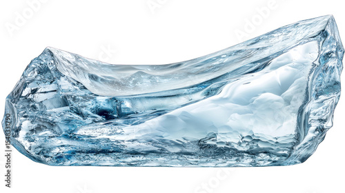 Jagged chunk of clear, textured blue-tinged ice
