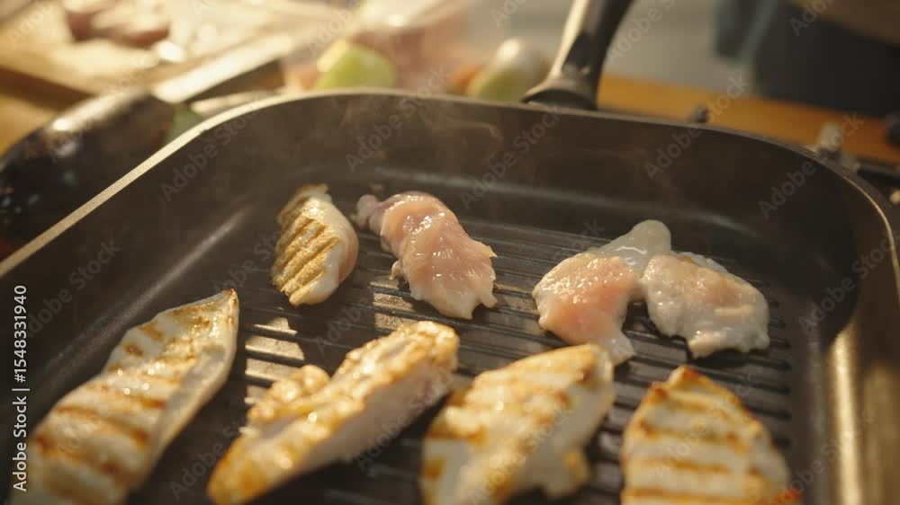 Close-up of raw chicken fillets sizzling on a hot grill pan, beginning to cook with steam and grill marks forming.
