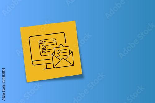 The image shows a yellow card on a pink background with a black minimalist icon: an open hand holding an envelope with a sheet inside, featuring lines and checkmarks. It symbolizes receiving or delive