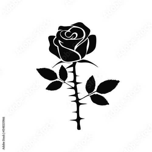 Elegant black silhouette rose with thorns and leaves