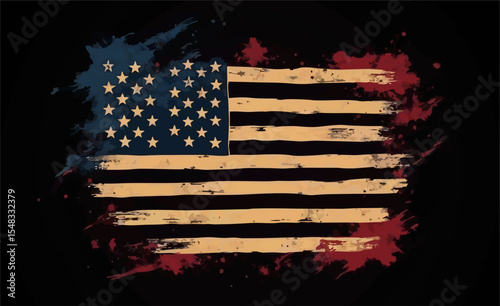 Vector design with drawing
of torn national flag of usa with blotches and splashes. Fashion t-shirt print. American pattern 
of stars and stripes for textiles, fabric, clothing.