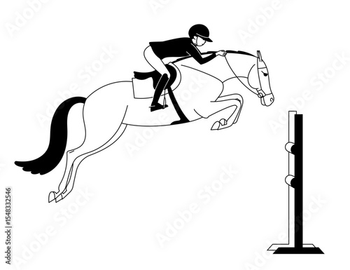 Equestrian rider jumping over obstacle with horse in black and white illustration