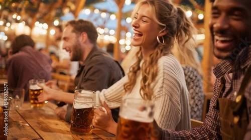 Happy multi-ethnic friends are enjoying Oktoberfest, toasting with large beer mugs and laughing together