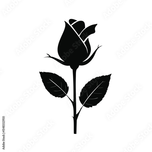 Single black silhouette rose bud and leaves