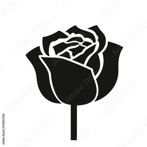 Single black silhouette rose flower stem