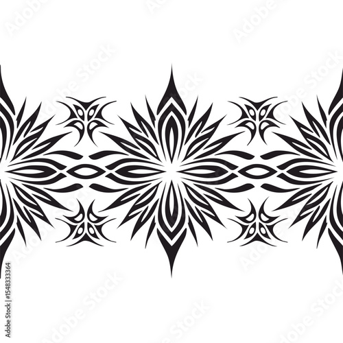 Black and white tribal floral seamless border design