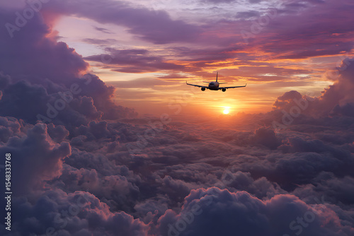Airplane Flying Above Purple Sunset Cloudscape passenger plane 1