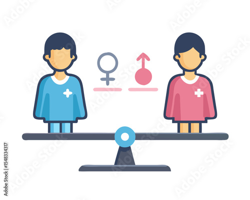 Male and female figures balanced on scales symbolizing gender equality.
