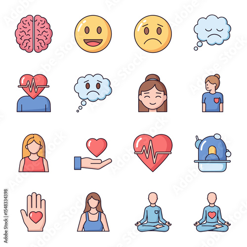 Mental and Emotional Wellness Icons A Collection of Heart, Brain, and Mindfulness Illustrations