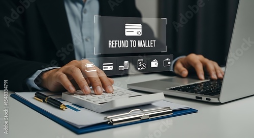 Businessperson calculating finances and requesting refund to wallet online transaction digitally