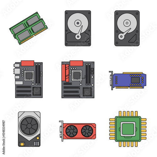 Computer Components RAM, HDD, Motherboard, GPU, CPU Icons