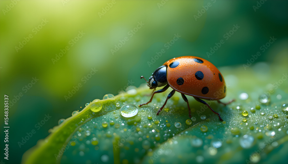 Ladybug perched on a fresh green leaf in a natural outdoor setting, emphasizing the beauty of small insects Ladybug perched on a fresh green leaf in a natural outdoor setting, emphasizing the beauty of small insects