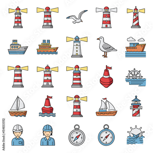 Lighthouses, Ships, and Seagulls A Collection of Nautical Icons