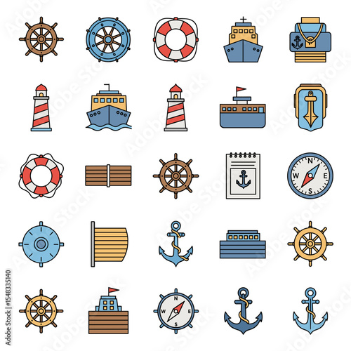 Nautical Icons Ships, Anchors, Wheels, and More - Vector Graphics